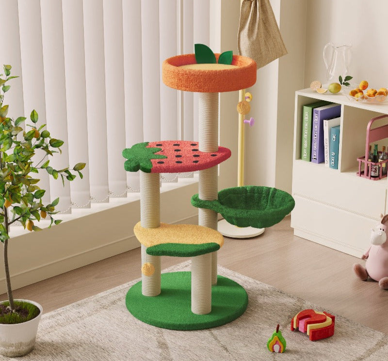 Fruit World Cat Tree in the corner of a living room